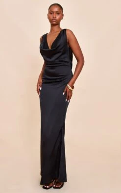 Prettylittlething Black Bridesmaid Satin Cowl Neck Maxi Dress