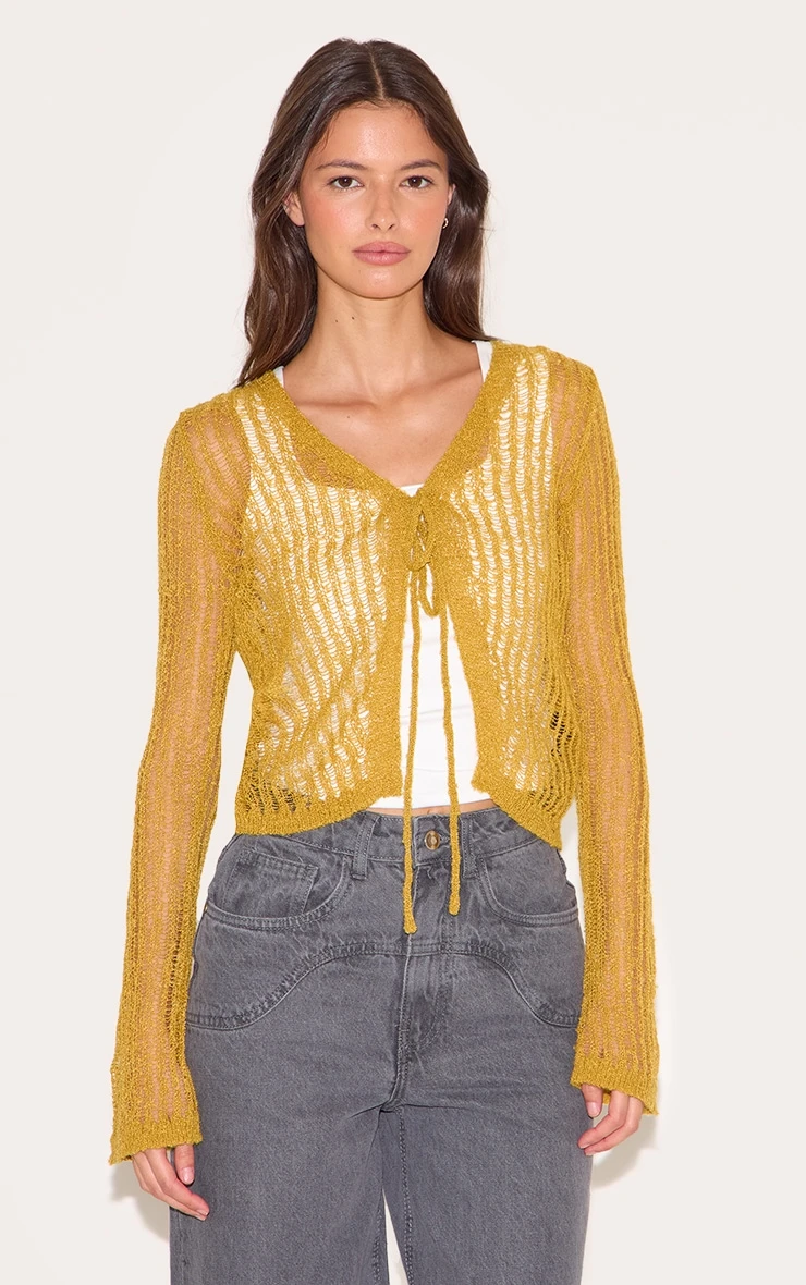 Prettylittlething Olive Ladder Knit Sheer Cropped Tie Front Top