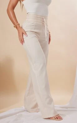 Prettylittlething Stone Linen Feel Tie Front Straight Leg Pants