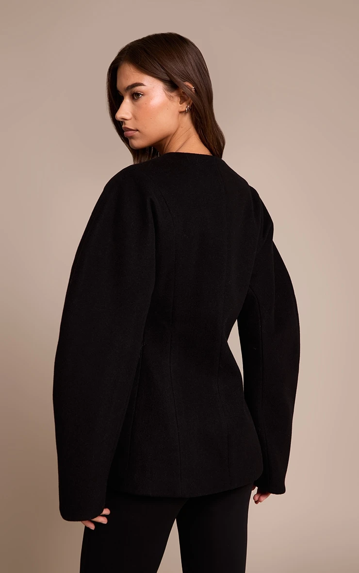 Prettylittlething Black Wool Look Collarless Cocoon Sleeve Blazer 2 Prettylittlething Black Wool Look Collarless Cocoon Sleeve Blazer - Image 2