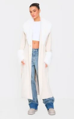 Prettylittlething Sand Faux Fur Trim Contrast Faux Suede Coat