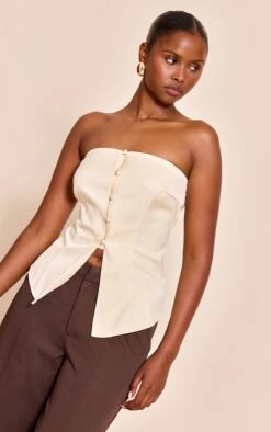 Prettylittlething Cream Fitted Bandeau Button Vest