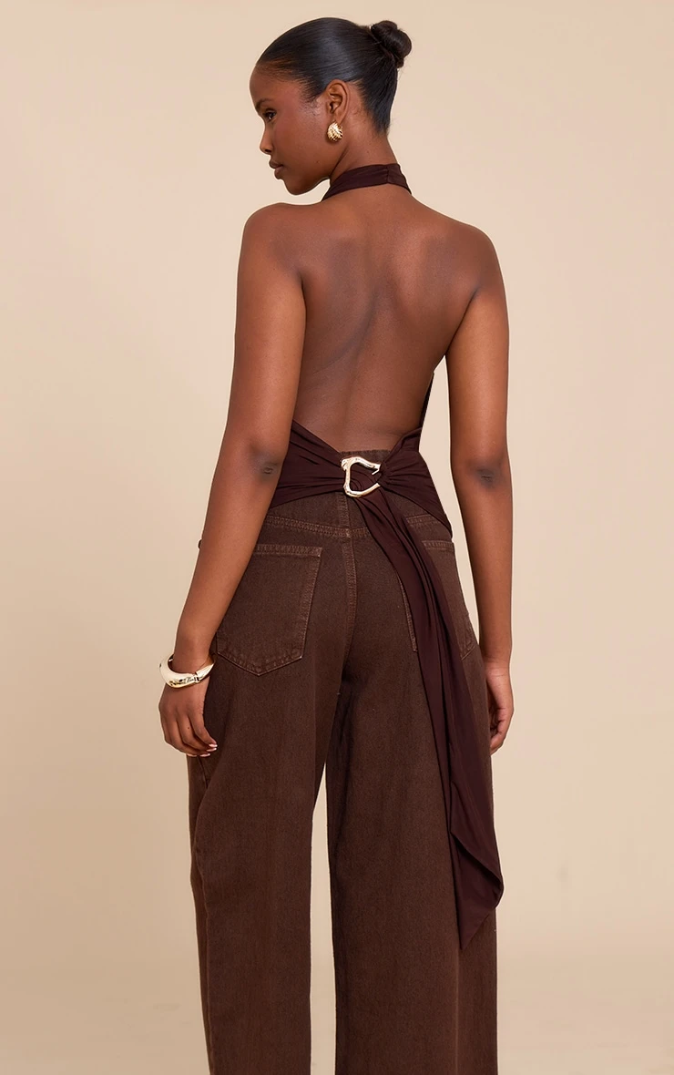 Prettylittlething Chocolate Double Layer Slinky Backless Trim Detail Long Top - Image 2