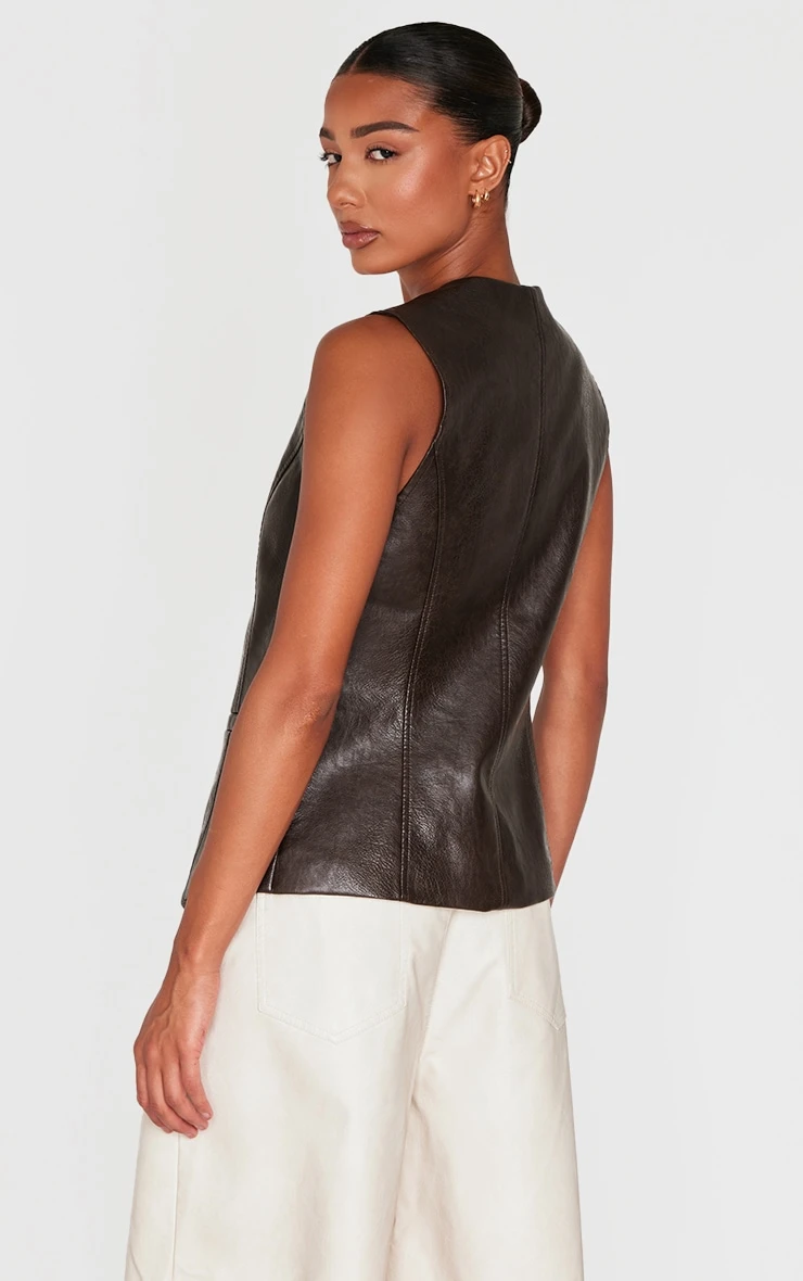 Prettylittlething Brown Faux Leather Long Line Button Up Vest 2 Prettylittlething Brown Faux Leather Long Line Button Up Vest - Image 2