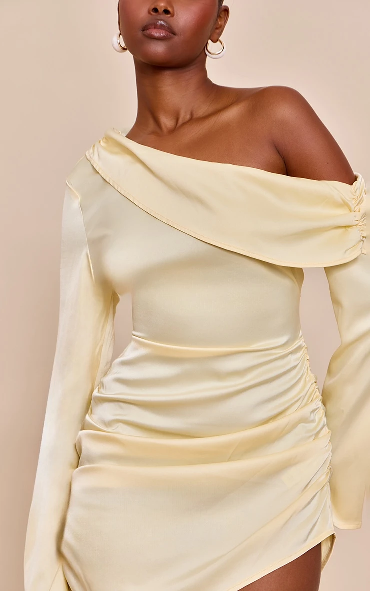 Prettylittlething Butter Cream Satin One Shoulder Drape Bodycon Dress - Image 4