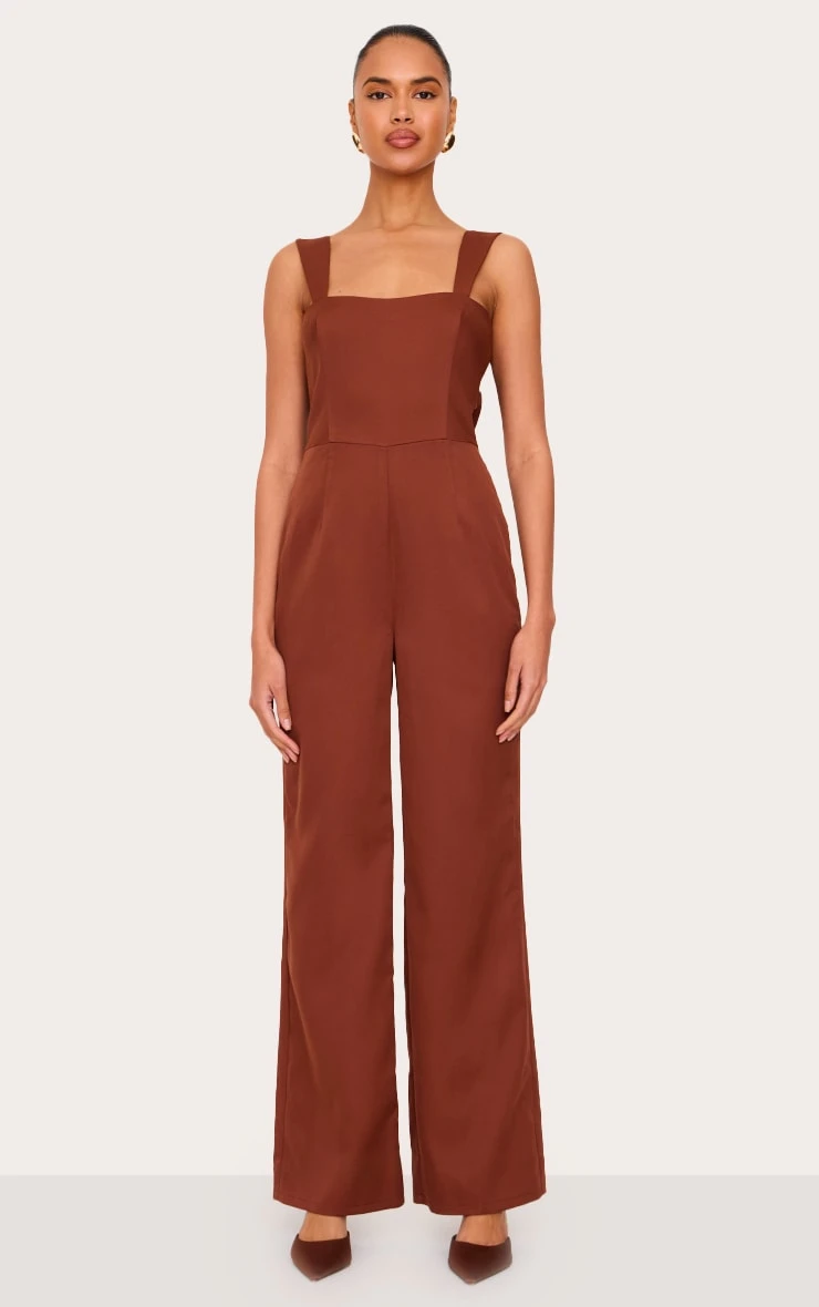 Prettylittlething Chocolate Woven Cut Out Bow Detail Jumpsuit 3 Prettylittlething Chocolate Woven Cut Out Bow Detail Jumpsuit - Image 3