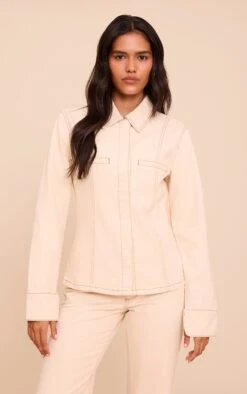 Prettylittlething Ecru Linen Look Denim Cinched Waist Seam Detail Shirt