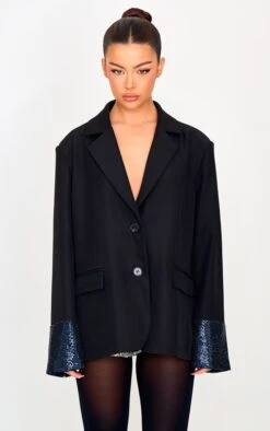 Prettylittlething Black Sequin Sleeve Detail Structured Blazer