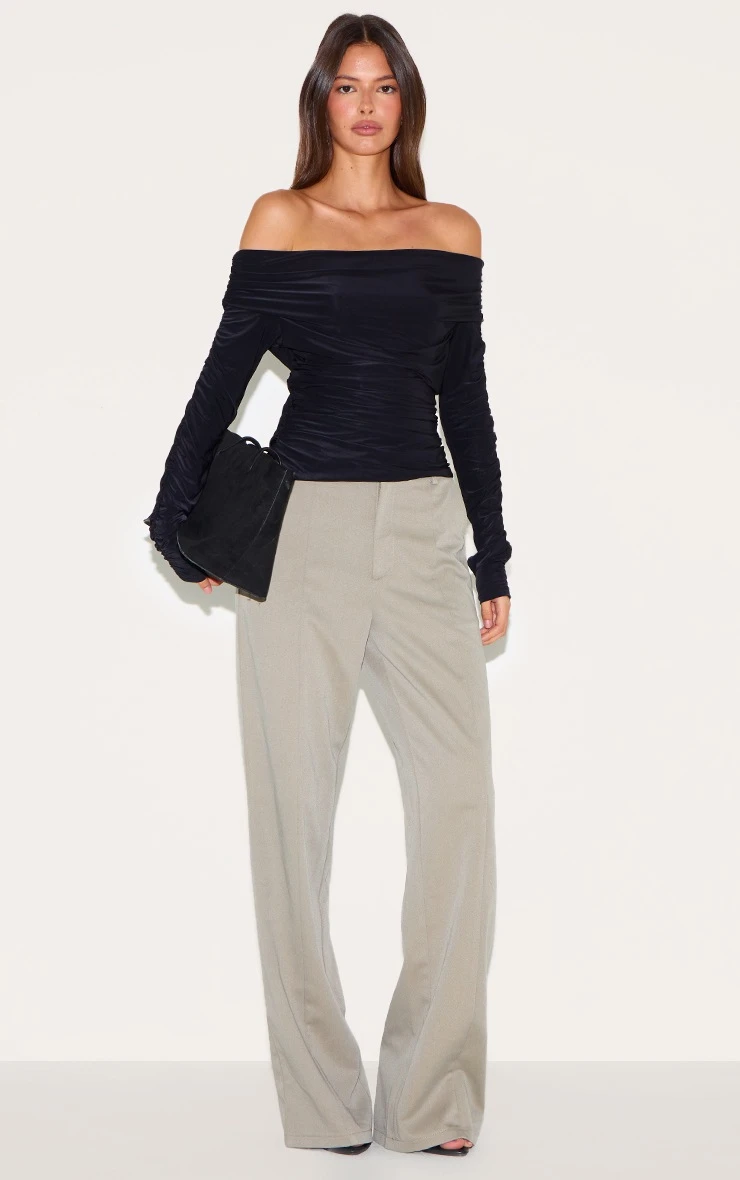 Prettylittlething Black Double Layer Slinky Ruched Detail Bardot Long Sleeve Top - Image 3