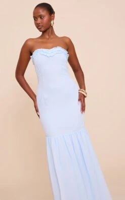 Prettylittlething Light Blue Chiffon Bandeau Frill Detail Maxi Dress