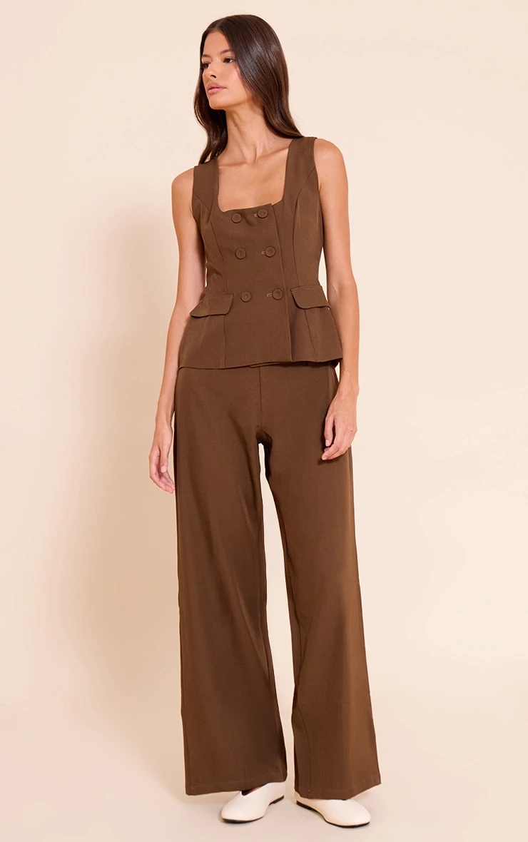 Chocolate Woven Button Detail Wide Leg Jumpsuit 3 Chocolate Woven Button Detail Wide Leg Jumpsuit - Image 3