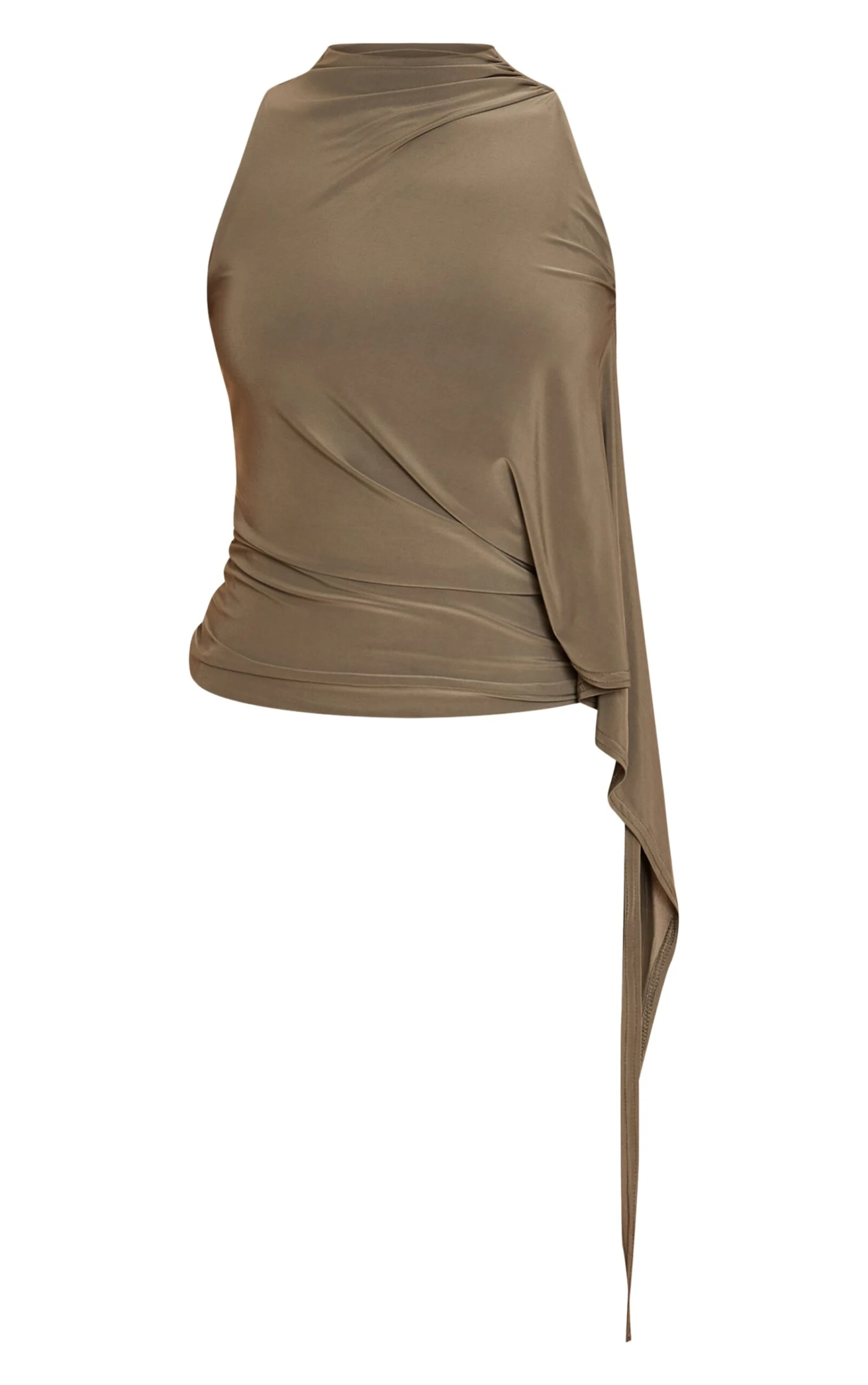 Prettylittlething Khaki Double Layer Slinky Drape Detail High Neck Top - Image 5