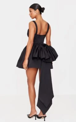 Prettylittlething Premium Black Woven Bow Corset Detail Skater Dress