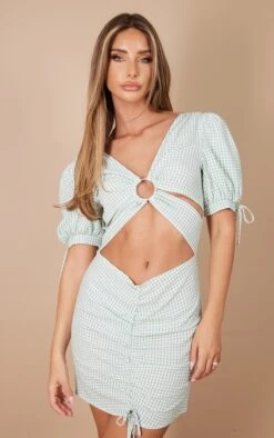 Green Check Chiffon Ring Detail Cut Out Bodycon Dress