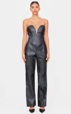 Prettylittlething Black Croc Faux Leather Bandeau Plunge Straight Leg Jumpsuit