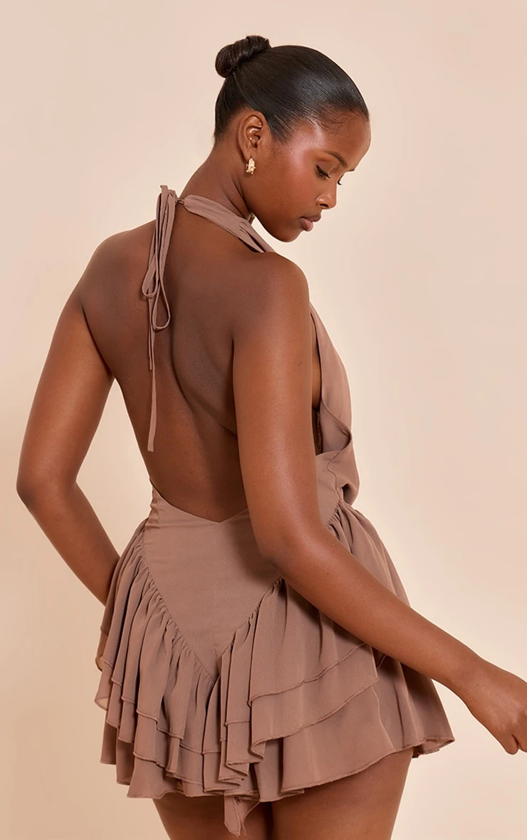 Prettylittlething Mocha Chiffon Cowl Neck Frill Romper 2 Prettylittlething Mocha Chiffon Cowl Neck Frill Romper - Image 2