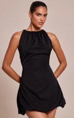 Black Boat Neck Puffball Dress