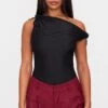 Prettylittlething Black Slinky Tie Shoulder Asymmetric Bodysuit