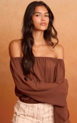 Prettylittlething Brown Chiffon Ruched Bardot Blouse