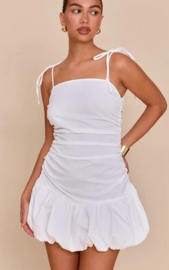 Prettylittlething White Ruched Detail Strappy Puffball Dress -Pretty Little Thing Shop 2002b1a74962a56f3bec96939fc050e356ecdcc2 CNM1556 4 white ruched detail strappy puffball dress
