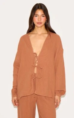 Prettylittlething Chesnut Cheesecloth Textured Tie Front Shirt