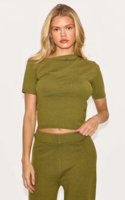 Prettylittlething Olive Basic Knit Asymmetric Neckline Top