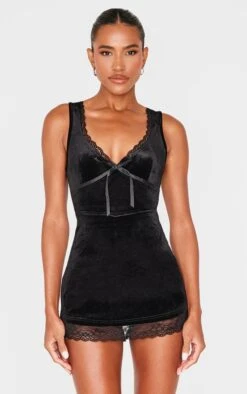 Prettylittlething Black Velvet Ribbon Trim Romper