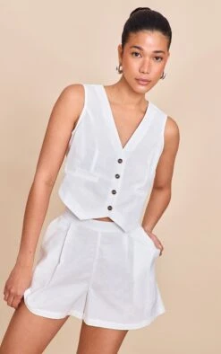 Prettylittlething White Linen Look Boxy Detail Vest