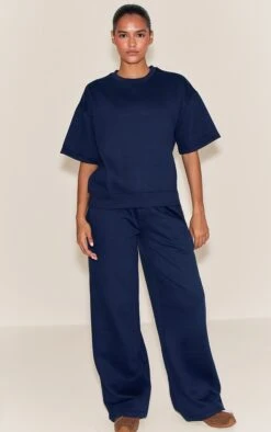 Navy Button Up Wide Leg Sweatpants