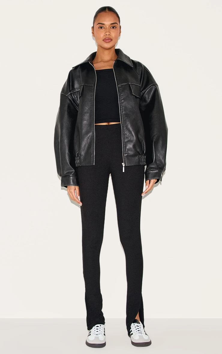 Prettylittlething Black Textured Ribbed Split Hem Leggings 2 Prettylittlething Black Textured Ribbed Split Hem Leggings - Image 2