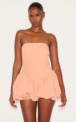 Prettylittlething Apricot Woven Bandeau Puffball Romper