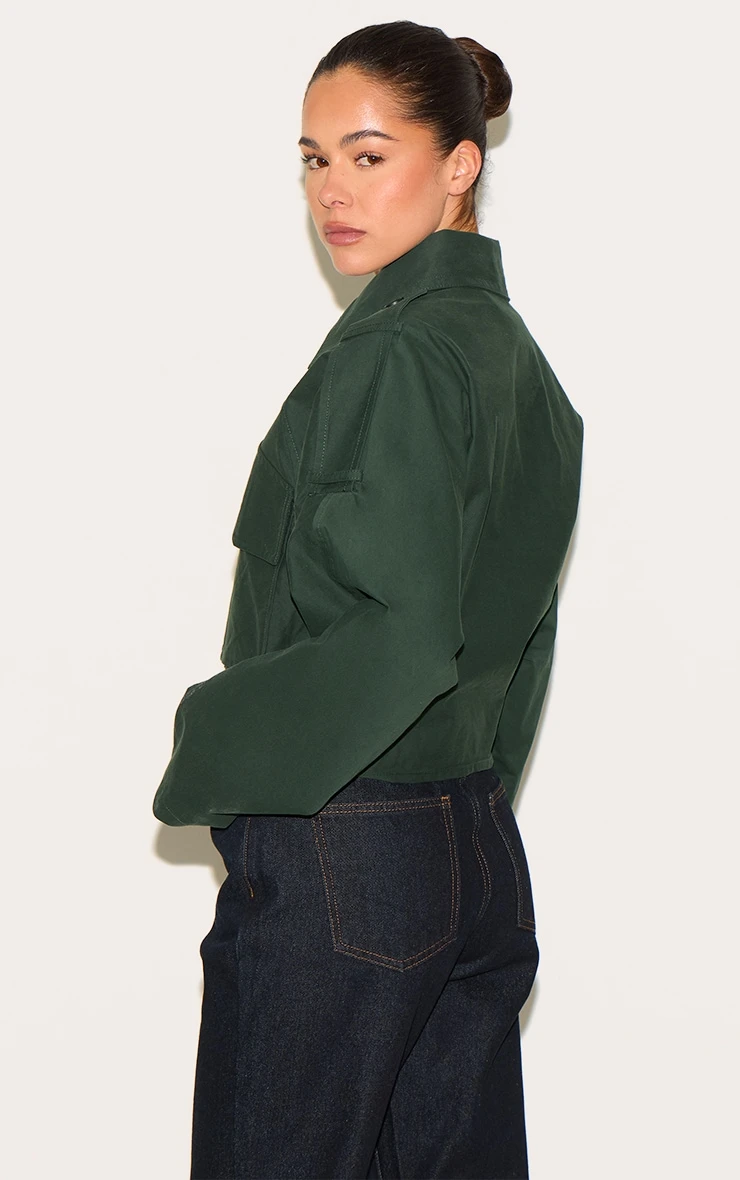 Prettylittlething Dark Khaki Trench Detail Cropped Zip Up Jacket - Image 2