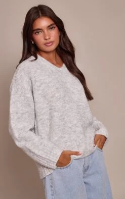 Light Grey V Neck Rib Detail Sweater