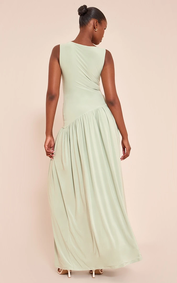Prettylittlething Sage Double Layer Soft Touch Asymmetric Dropped Waist Maxi Dress - Image 2