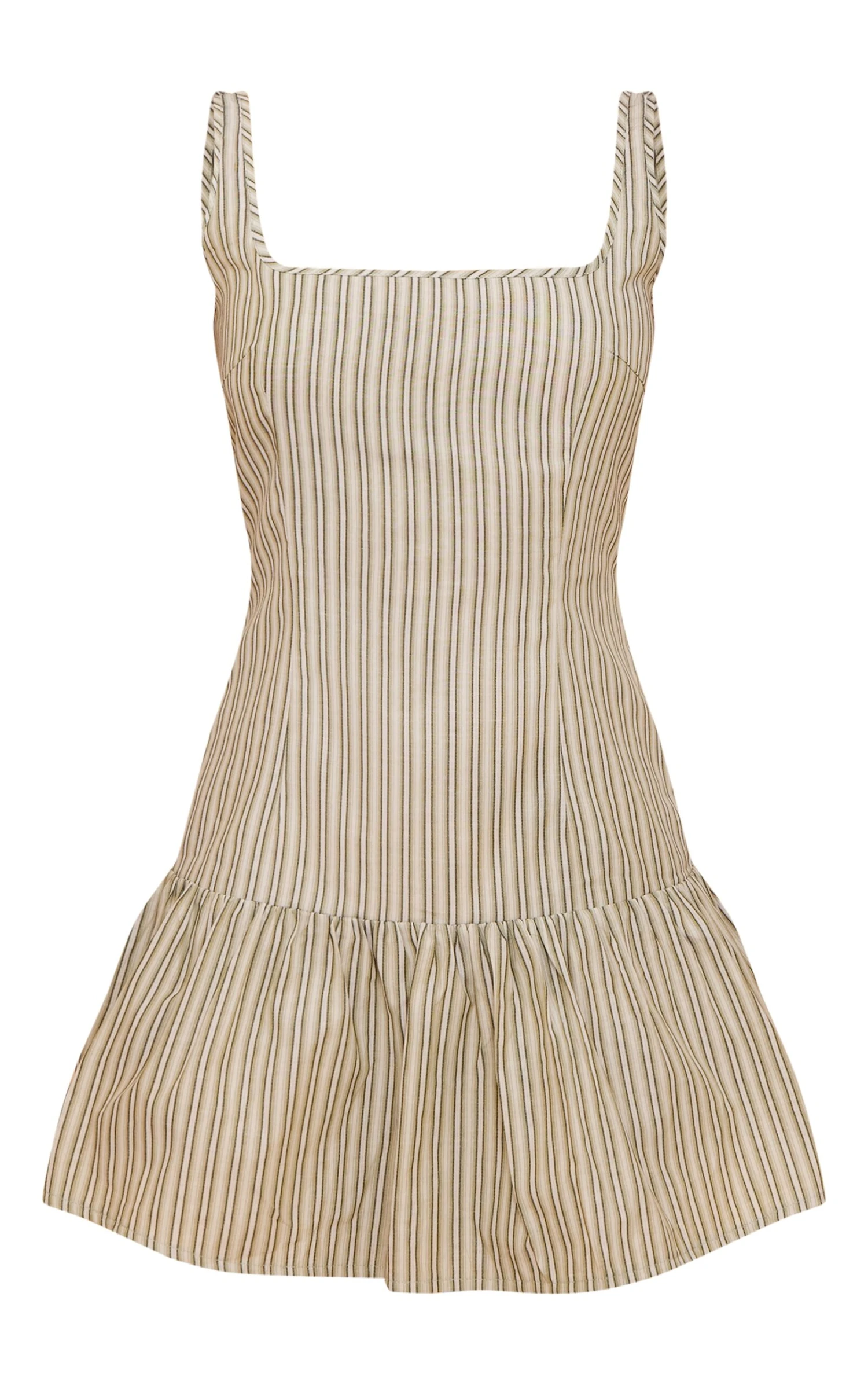 Prettylittlething Sage Green Striped Sleeveless Straight Neck Shift Dress - Image 5