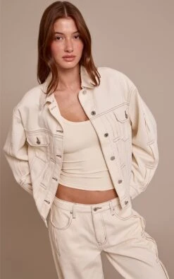 Prettylittlething Ecru Pleat Detail Boxy Denim Jacket