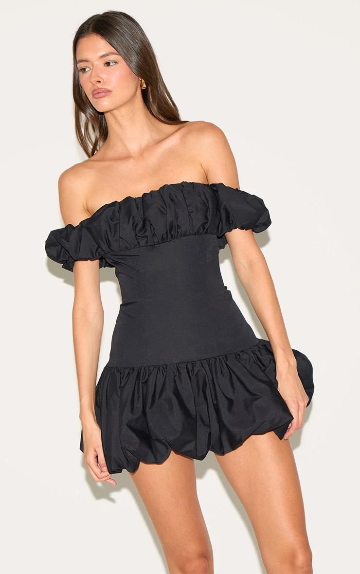 Prettylittlething Black Ruched Bardot Puff Hem Bodycon Dress 1 Prettylittlething Black Ruched Bardot Puff Hem Bodycon Dress