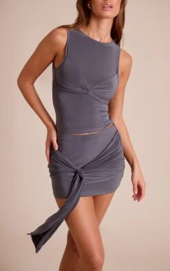 Prettylittlething Charcoal Slinky Knot Detail Mini Skirt