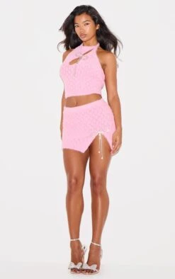 Prettylittlething Pink Textured Eyelash Knit Bow Trim Mini Skirt