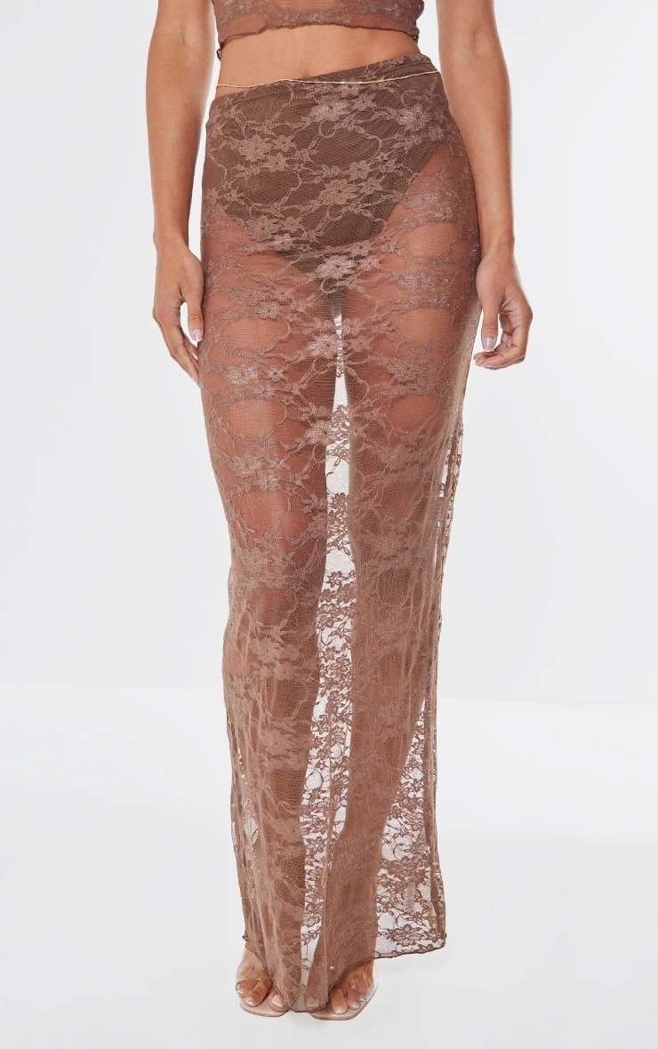 Prettylittlething Brown Lace Sheer Maxi Skirt 2 Prettylittlething Brown Lace Sheer Maxi Skirt - Image 2