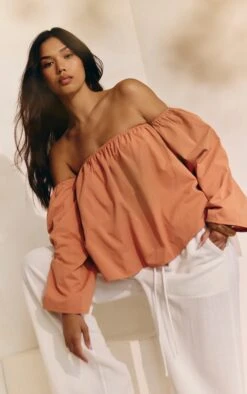 Prettylittlething Apricot Peach Skin Floaty Bardot Top