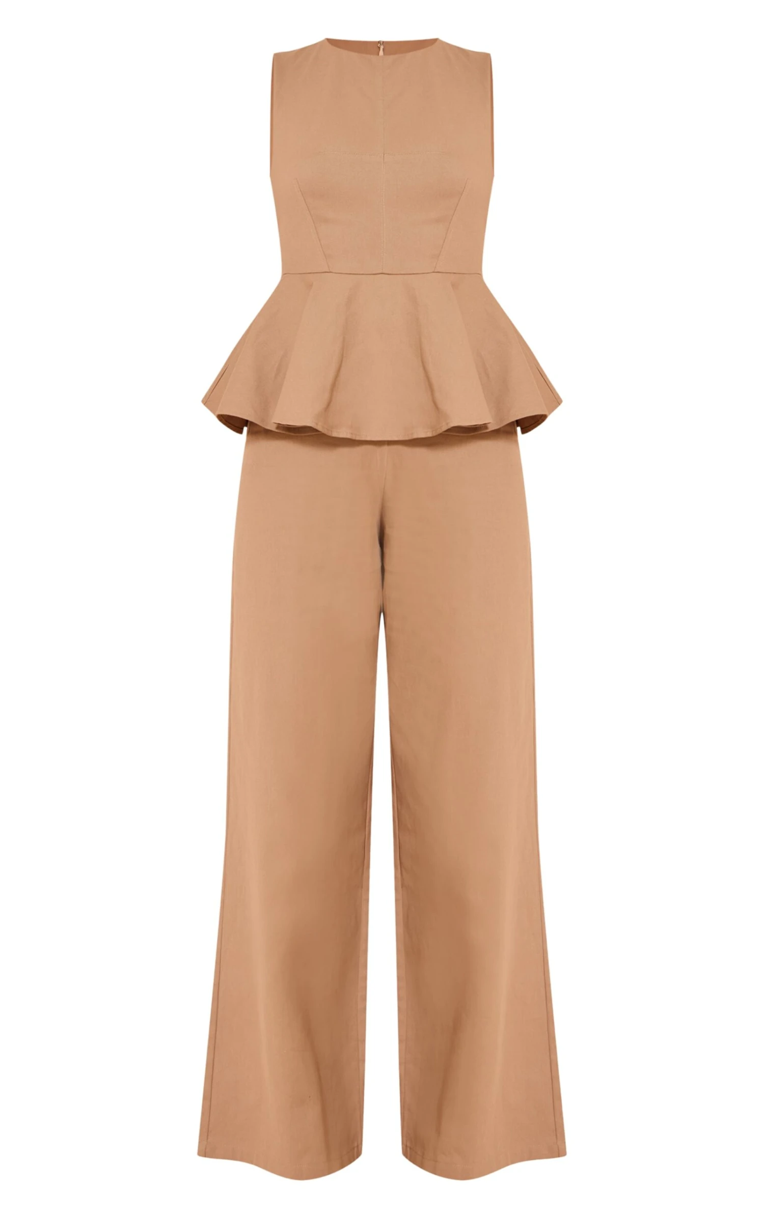 Prettylittlething Mocha Cotton Peplum Detail Wide Leg Jumpsuit 5 Prettylittlething Mocha Cotton Peplum Detail Wide Leg Jumpsuit - Image 5