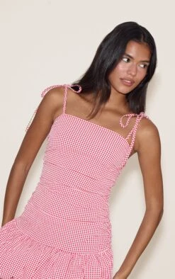 Prettylittlething Red Check Ruched Detail Strappy Puffball Dress -Pretty Little Thing Shop 231318cfed45b988e3ae4202d56f8b9e03e5842d CNM1555 4 red check ruched detail strappy puffball dress