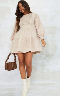 Prettylittlething Stone Woven Ruffled Tiered Smock Dress