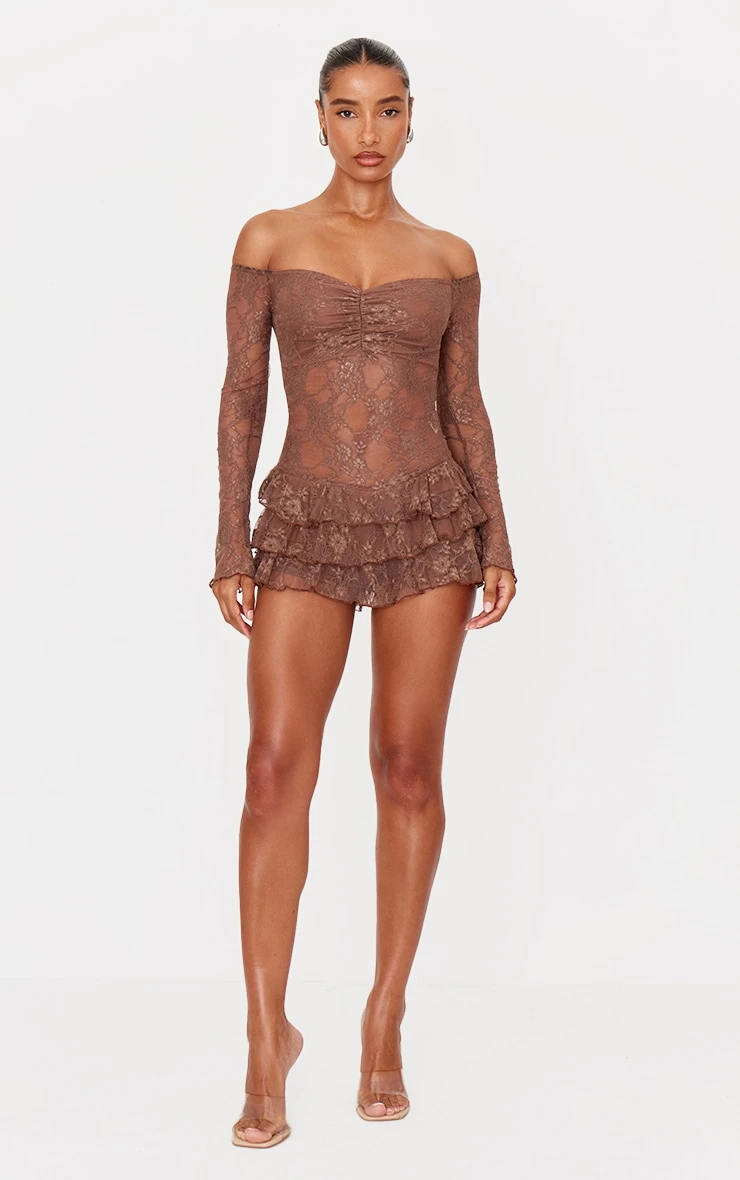 Prettylittlething Chocolate Lace Bardot Rara Skort Romper 1 Prettylittlething Chocolate Lace Bardot Rara Skort Romper