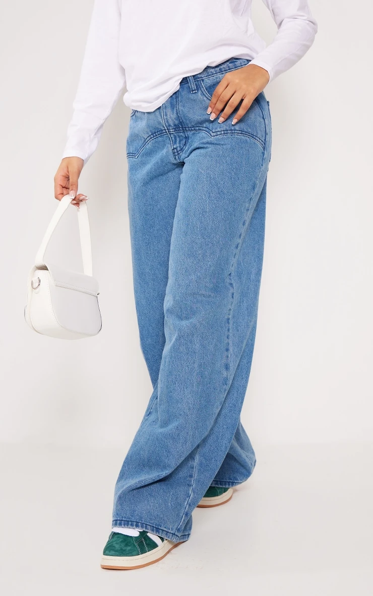 Mid Blue Wash Western Detail Wide Leg Jeans 2 Mid Blue Wash Western Detail Wide Leg Jeans - Image 2