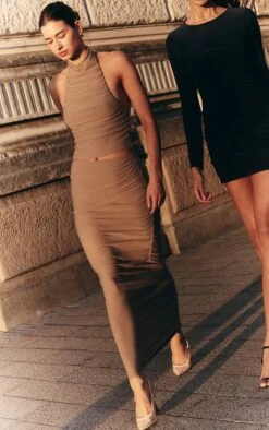 Prettylittlething Mushroom Soft Touch Ruched Maxi Skirt