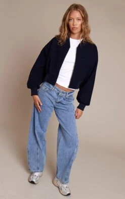 Prettylittlething Navy Ruched Sleeve Cropped Bomber Jacket -Pretty Little Thing Shop 23c8386d8f7989508a3c2e46c49630220080879f CNN7104 3 navy ruched sleeve cropped bomber jacket
