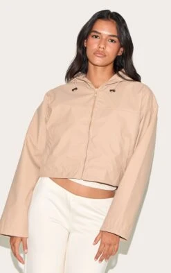 Prettylittlething Beige Pu Faux Leather Cropped Hooded Jacket