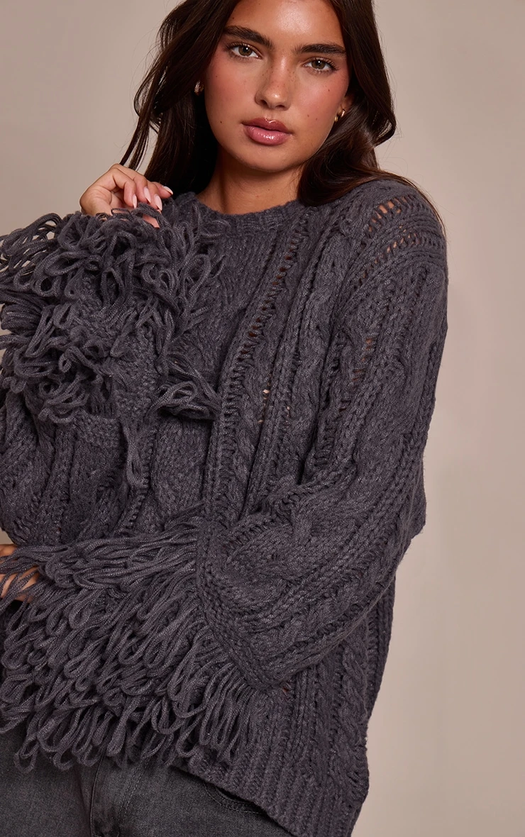 Charcoal Cable Knit Loop Trim Sweater 4 Charcoal Cable Knit Loop Trim Sweater - Image 4